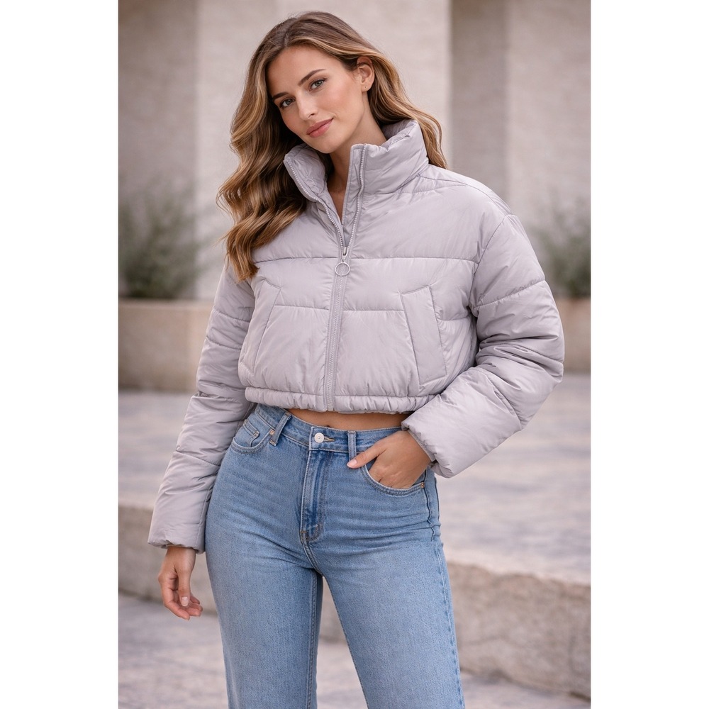 Hollister Cropped‎ Puffer Jacket Size S Light Grey Full Zip Recycled Fill Coat